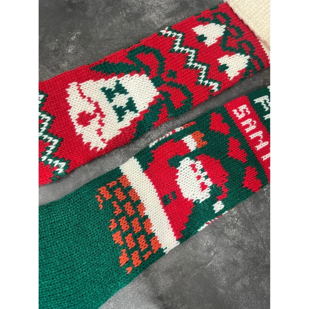 Vintage Inspired Christmas Knit Stockings Set 2pc Holiday Retro Santa Bell